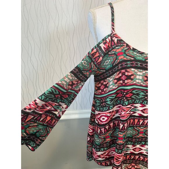 Boho Cold‎ Shoulder Aztec Print Blouse Top Multicolor Pink Green Size M - Picture 4 of 7